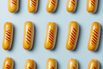 Grilled Sausages Pattern on Blue Background Food Photography