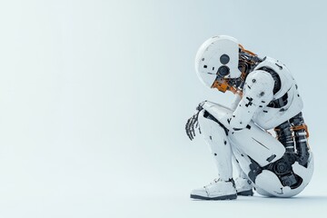 Poster - A sleek white robot crouches in a posture of solitude against a plain white background. Orange and black elements accentuate its futuristic design.