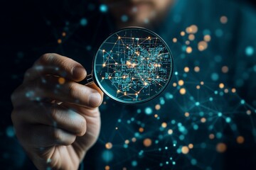 Poster - A close-up image of a hand holding a lens, showing an intricate digital network, representing focus, connectivity, and technological advancement.