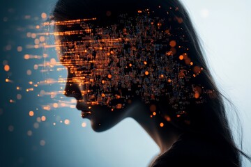 Poster - A profile of a human face intertwines with digital data streams, representing the intersection of technology and human identity, highlighting the future of AI integration.