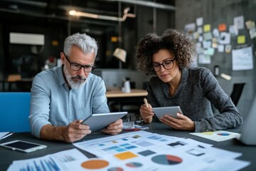 Poster - A man and woman sit together in a sleek office, using tablets to discuss data and charts, representing teamwork and strategic communication.