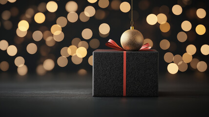 Aufkleber - black gift box with red ribbon and golden ornament sits against backdrop of warm, glowing bokeh lights, creating festive and elegant holiday atmosphere