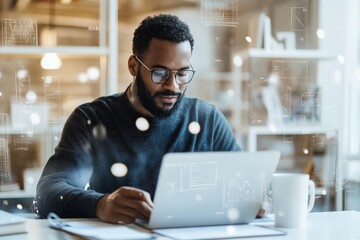Poster - A tech-savvy person analyzes data on a laptop, with floating digital diagrams around them, demonstrating innovation and technology in a modern work environment.