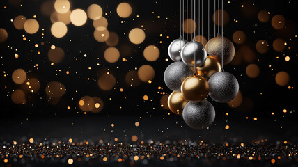 Aufkleber - Elegant New Year card featuring gold and silver ornaments with sparkling bokeh lights, creating festive and luxurious atmosphere. Perfect for holiday celebrations and greetings