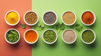 Aufkleber - colorful assortment of spices, herbs, and grains in bowls on split orange and green background, showcasing balanced diet concept. vibrant display includes lentils, peas, and various spices