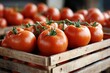 © Odin AI - A wooden crate filled with ripe, red tomatoes sits prominently at a local market stand, showcasing their freshness and vibrant color, enticing shoppers nearby.