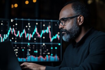Poster - An experienced analyst, focused on a laptop, works with financial data charts on screens. Representing financial expertise and late-night analysis.