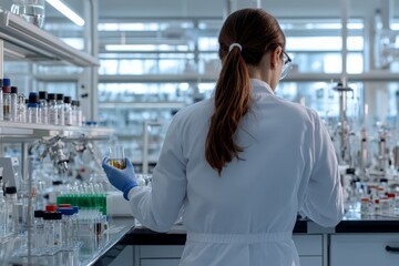 Poster - A scientist stands with her back to the camera, observing a yellow liquid in a flask amidst a backdrop of scientific equipment, epitomizing exploration and analysis.