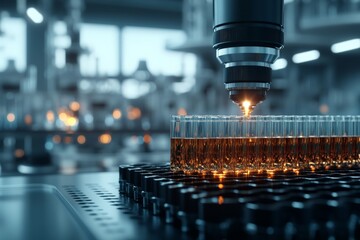 Poster - Close-up view of a microscope focusing on a series of test tubes filled with amber liquid, reflecting a high-tech and scientific laboratory environment.
