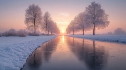 Poster - A beautiful winter morning unfolds as the sun rises, casting a warm glow over a frozen waterway surrounded by snow-covered trees, creating a peaceful winter landscape.