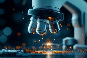 Poster - A microscope with illuminated data particles beneath its lens, showcasing the captivating blend of research, digital technology, and scientific inquiry in labs.