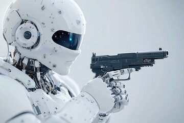 Poster - A futuristic robotic figure grips a handgun with precision, embodying advanced technology and modern defense mechanisms in a clean, robotic design.