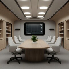 Modern conference room with wooden table, sleek chairs, and a digital display on the wall.