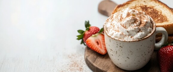 Canvas Print - Delicious french toast and whipped cream with fresh strawberries flat lay