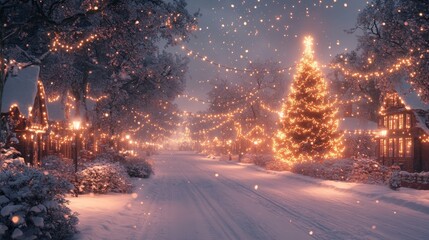 Poster - The snow-covered village comes alive at night with festive lights adorning the trees and buildings, creating a cozy holiday atmosphere.