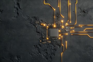 Poster - The image displays a circuit chip placed on a textured surface, intersected by glowing lines, illustrating the raw energy and technological drive in modern design.