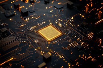 Poster - An illuminated circuitry can be seen on a dark circuit board, symbolizing advanced technology and intricate connectivity within a sleek modern framework.