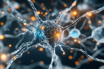 Poster - This image shows a close-up view of a glowing neural network with illuminated synapses, illustrating the complexity and connectivity of neurons in a digital format.