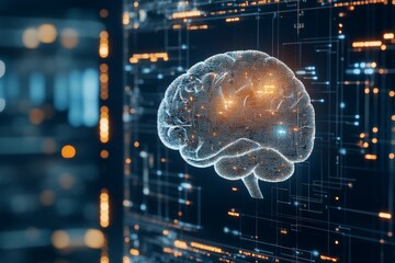 Poster - A holographic representation of a human brain integrated with digital circuit board elements, showcasing artificial intelligence and advanced computing mechanisms at play.