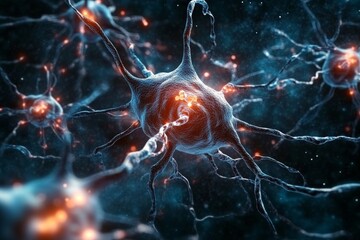 Poster - An intricate representation of a neuron network with orange-glowing synapses illustrating the dynamic and interconnected nature of neural communication and signals.