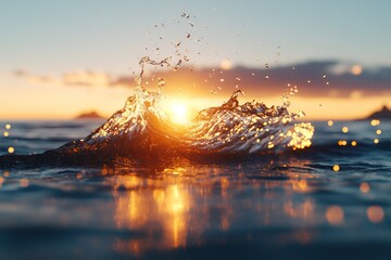 Poster - Gently illuminated by the setting sun, a serene wave dances gracefully across the horizon, capturing the ethereal beauty of a tranquil marine scene.