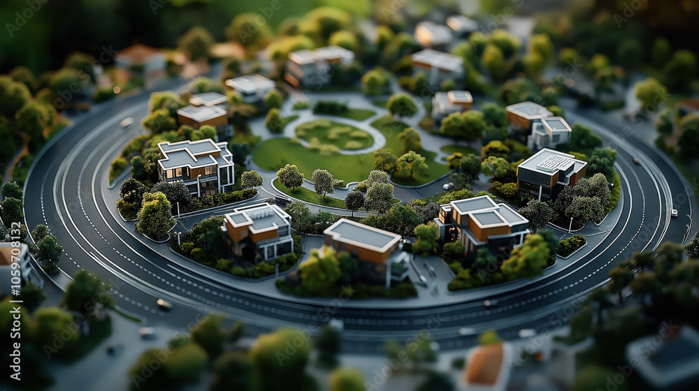 Aerial view of a modern suburban neighborhood with circular road, green ...