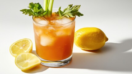 Wall Mural - Refreshing bloody mary cocktail with celery and lemon on white background