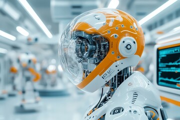 Poster - A robot with a transparent helmet emphasizing its orange and white design, located in a futuristic lab, representing cutting-edge robotic technology.