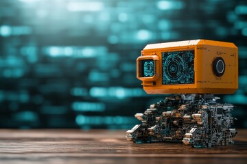 Poster - A futuristic orange device rests on intricate mechanical, spider-like legs, set against a blurred, technologically themed background with a digital screen display effect.