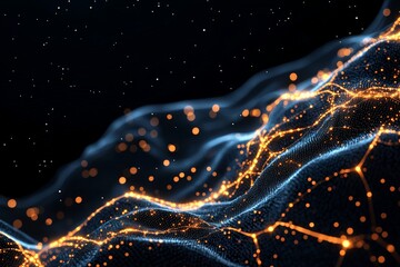 Poster - This abstract image illustrates a vibrant network of glowing, interconnected lines, creating a mesmerizing web of connections against a dark field of infinity.