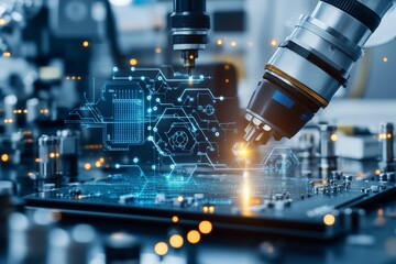 Poster - Robotic arms perform intricate tasks on a circuit board with a holographic overlay, reflecting the synergy of technology and AI in modern industrial design.