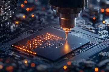 Poster - An extreme close-up of a microchip shows a laser etching an intricate pattern surrounded by glowing light, symbolizing precise, advanced technology in action.