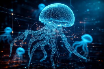 Poster - A futuristic depiction of a jellyfish with a digital holographic appearance, showcasing the blend of marine life and advanced digital artistry in a simulated environment.
