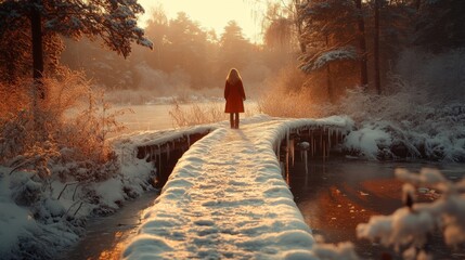 Fototapete - A solitary person dressed in a red coat strolls along a snow-covered path. The golden light of sunset glimmers on the frozen surroundings, creating a peaceful winter atmosphere.