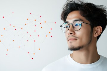 Poster - A thoughtful man gazes at a network of connected dots, symbolizing modern technology and interconnectedness, reflecting the digital communication landscape.