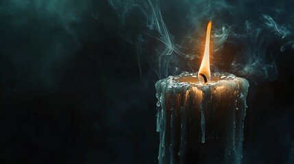 Single lit candle with smoke rising from its flame against a dark background.