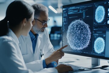 Poster - Two scientists in lab coats examine research findings displayed on a digital interface, emphasizing innovation, data analysis, and technological advancement.