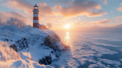 Fototapete - A lighthouse stands majestically on a snow-covered cliff as the sun rises over a frozen sea. The tranquil sky is painted with vibrant hues, creating a serene winter landscape.