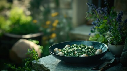 Wall Mural - Culinary delight with escargots de bourgogne in a rustic spring garden setting