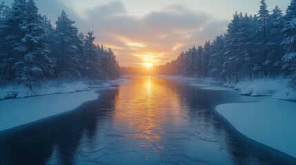 Poster - The sun sets behind a tranquil river, casting warm reflections on the icy surface. Snow-covered trees frame the scene, creating a serene winter atmosphere.