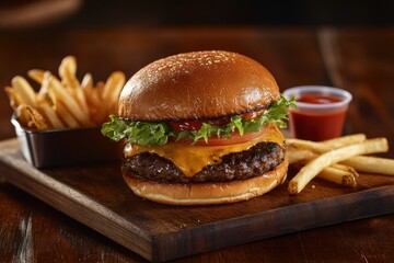 Poster - A succulent burger features melted cheese, fresh lettuce, tomatoes, and sauce, paired with crispy fries on a rustic wooden board. Generative AI