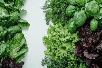 Poster - A variety of fresh lettuce, aromatic dill, and fragrant basil are beautifully arranged on a white surface, ready for culinary use. Generative AI