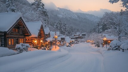Poster - In a serene winter landscape, a snow-laden village emerges at dusk, with warm lights glowing from nearby cabins along a quiet road. The mountains frame the scene, enhancing the peaceful atmosphere.