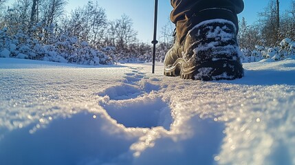 Poster - A person navigates a snowy trail, leaving footprints in the fresh snow. The sun shines brightly, illuminating the serene winter landscape surrounded by trees.