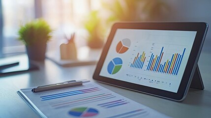 Poster - Desk with tablet displaying growth charts, clean background, ample space for copy