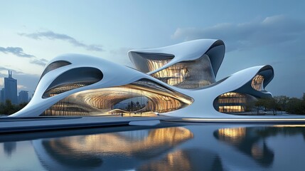 Aufkleber - Futuristic building design with metallic curves and reflective surfaces