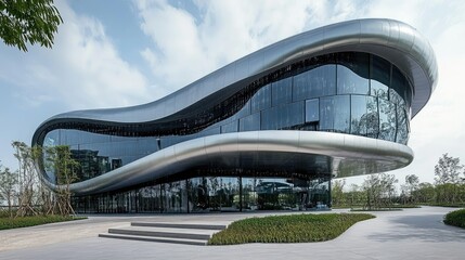 Aufkleber - Futuristic building design with metallic curves and reflective surfaces