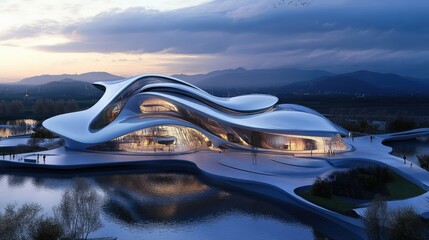 Aufkleber - Futuristic building design with metallic curves and reflective surfaces
