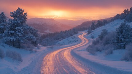 Aufkleber - A winding road covered in snow meanders through a mountainous landscape as the sun sets, illuminating the sky with warm hues and casting reflections on the surface.