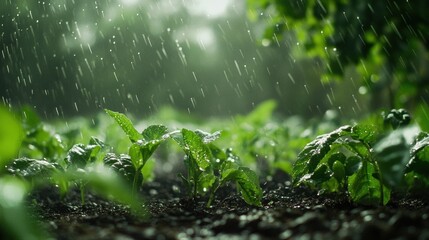 Poster - Gentle rain falls on a vibrant vegetable garden, with water droplets resting on the lush green leaves, nourishing the plants. Generative AI